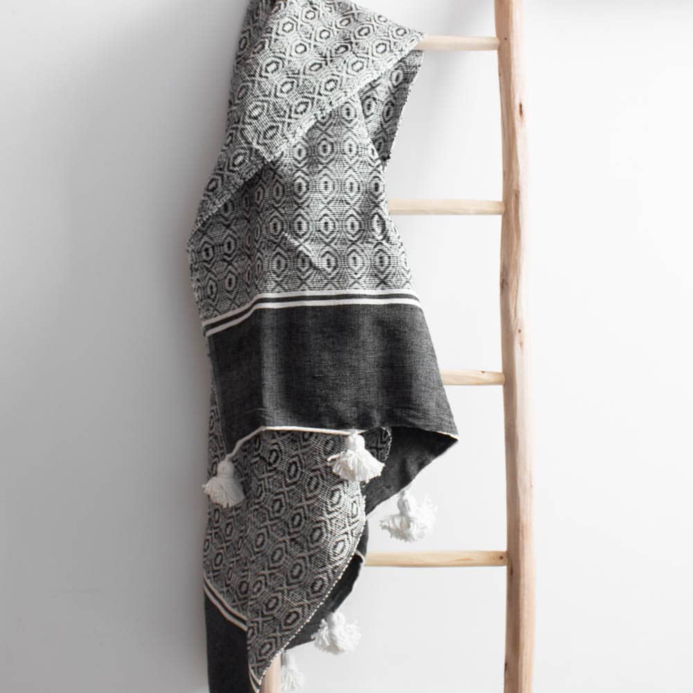 Gemusterte Pompom Decke in schwarz-weiß