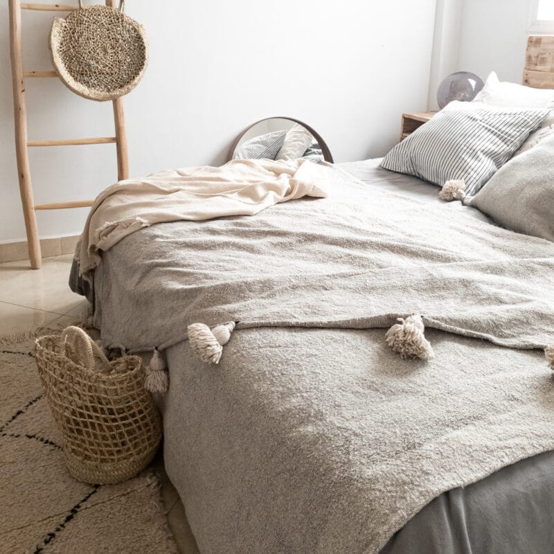 Beige Pompom Tagesdecke aus Baumwolle