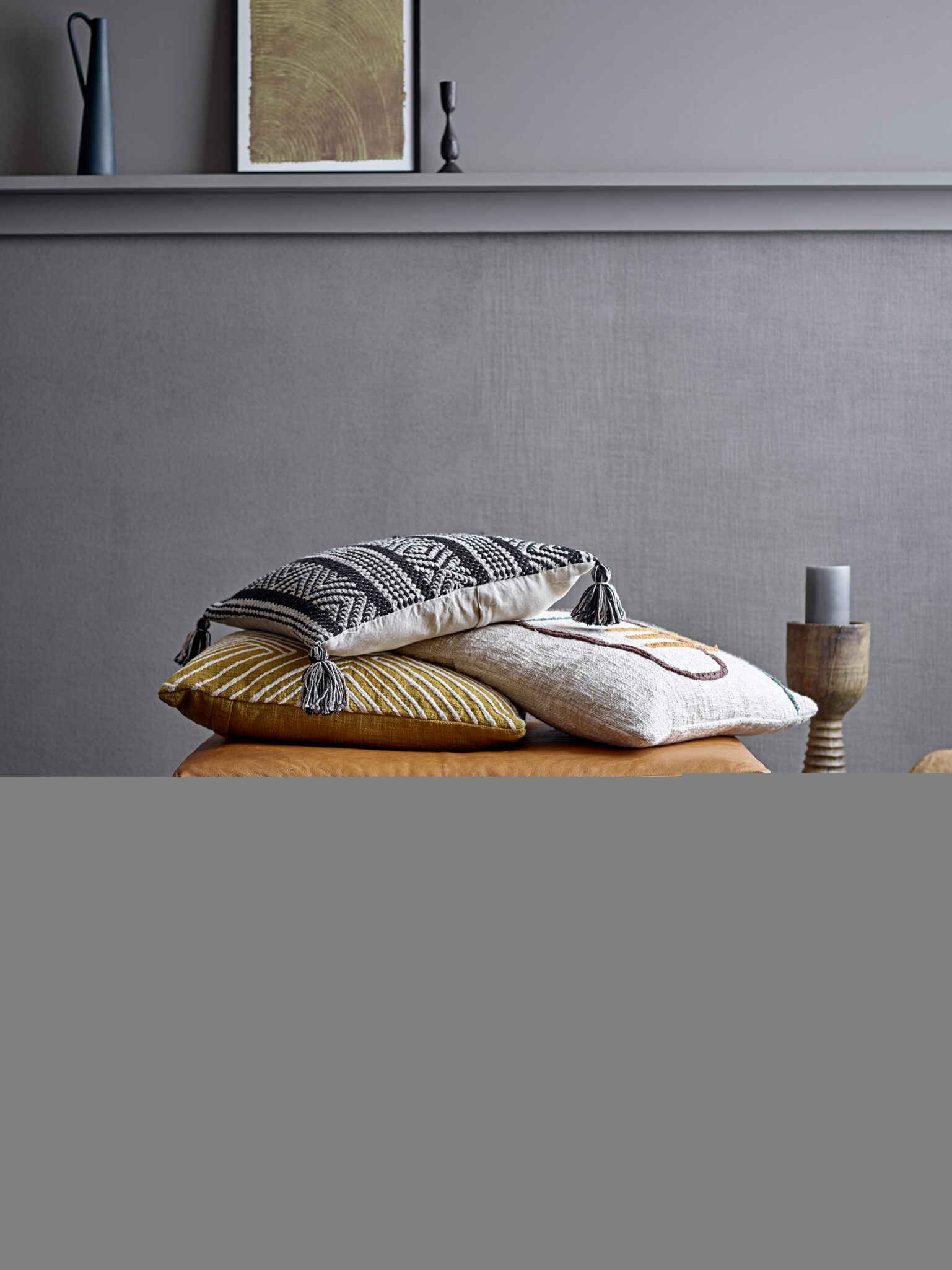 Bloomingville - cremefarbenes line Art Kissen aus Baumwolle